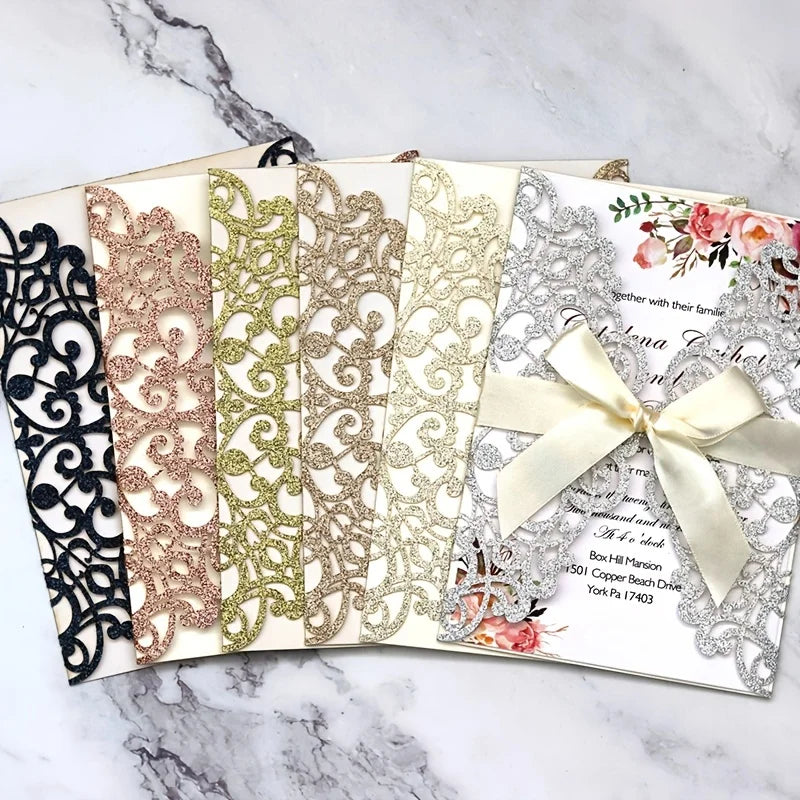 Convites de Casamento com Glitter e Fita – Pack de 10 | Elegância que Brilha