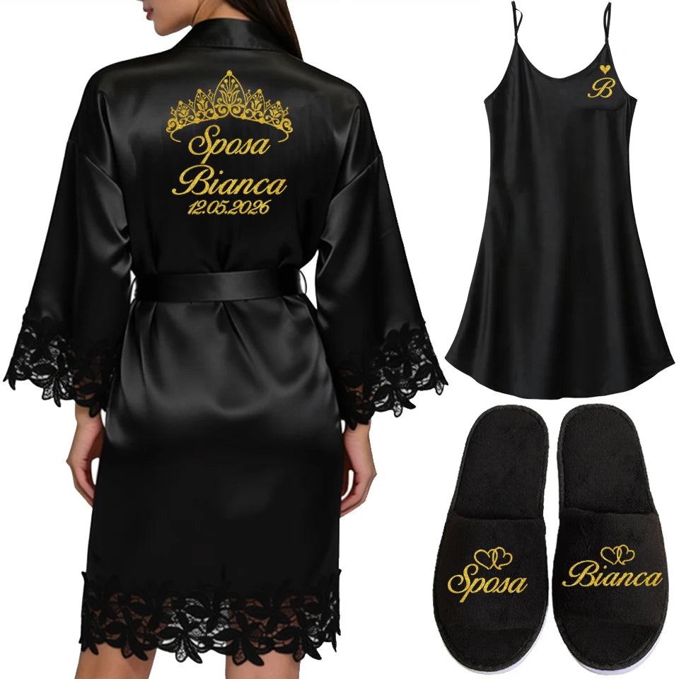 Robe Personalizado para Noiva – Com Nome e Data Bordados | Roupão de Cetim com Renda para Casamento