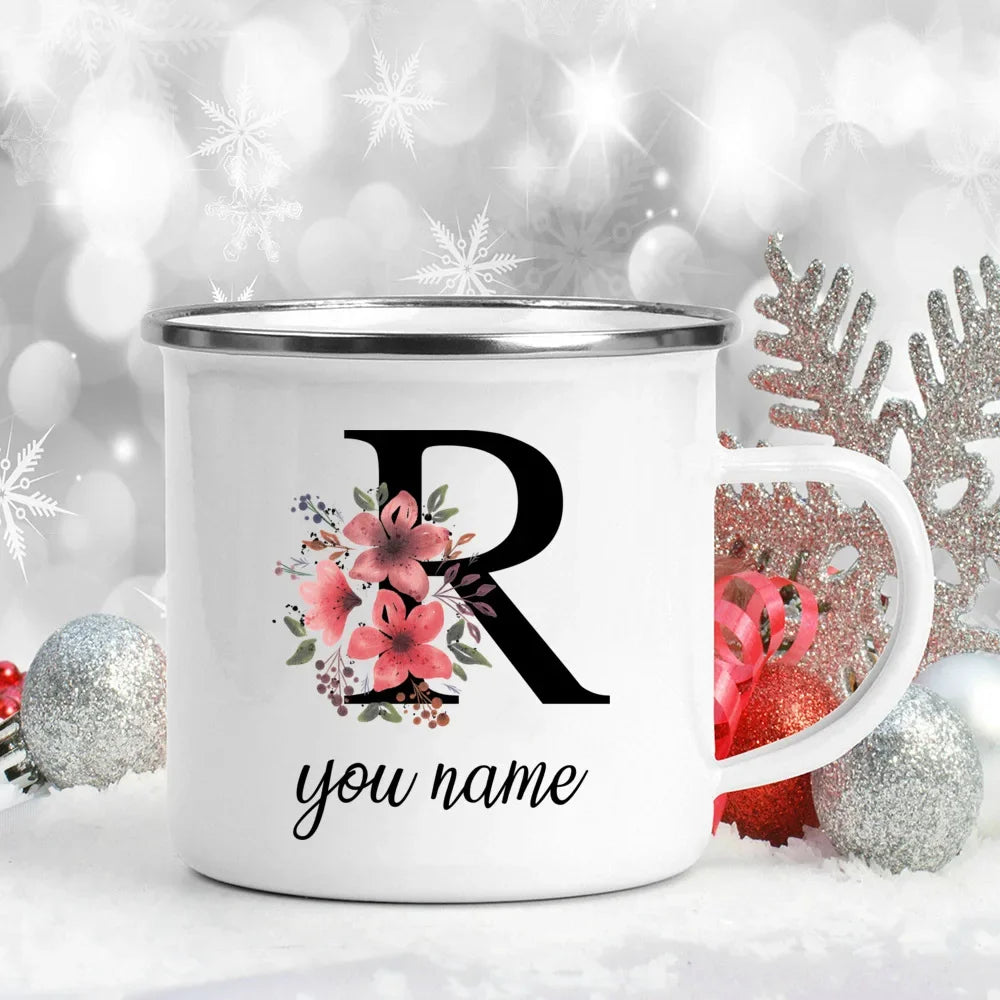 Caneca Esmaltada Personalizada com Nome e Flor