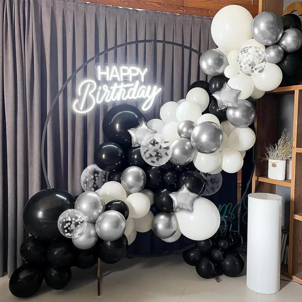 Kit de 131 Balões Preto, Branco e Prateado – Decoração Elegante para Festas e Eventos