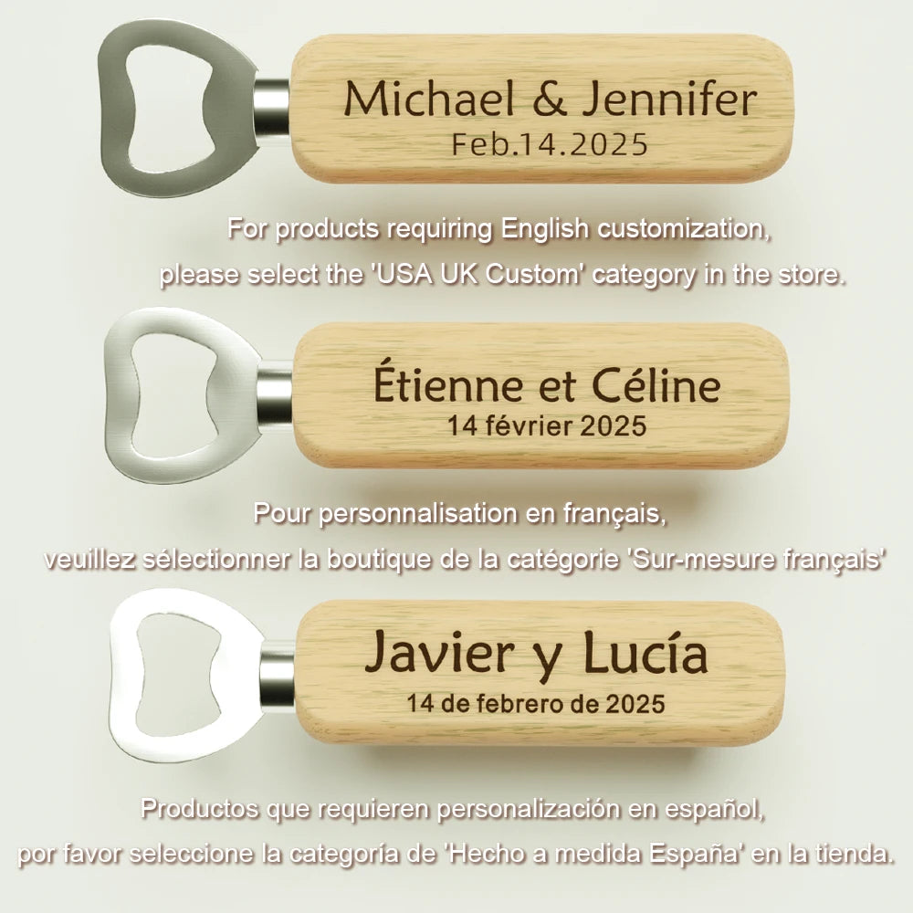Abridores de Garrafa em Madeira Personalizados – Lembrança de Casamento (12 Peças)
