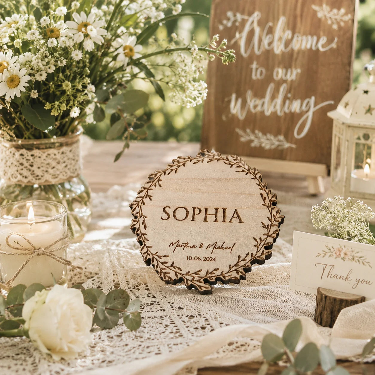 Marcadores de Lugar Personalizados em Madeira para Casamento