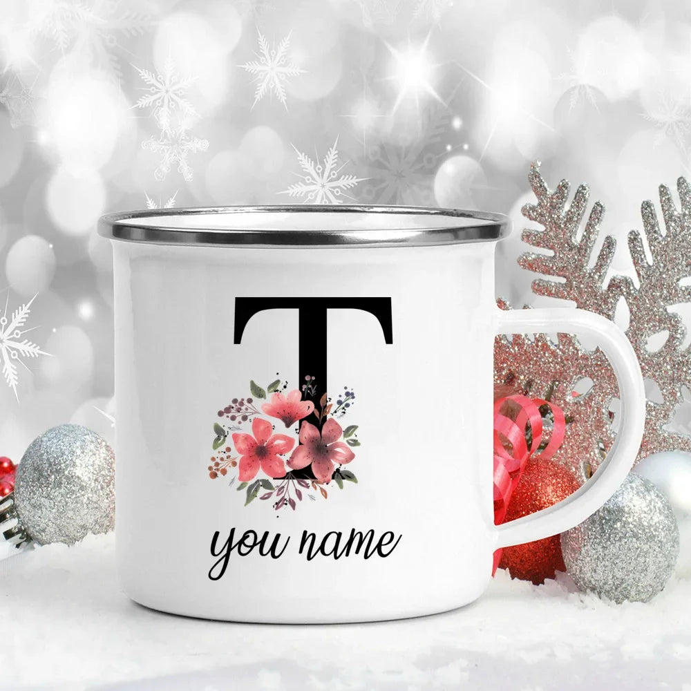 Caneca Esmaltada Personalizada com Nome e Flor
